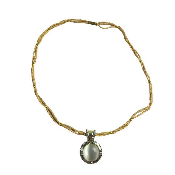 Double Two Multi Strand Beaded Necklace Faux Moonstone Silver Tone Pendant Boho - Picture 2 of 9